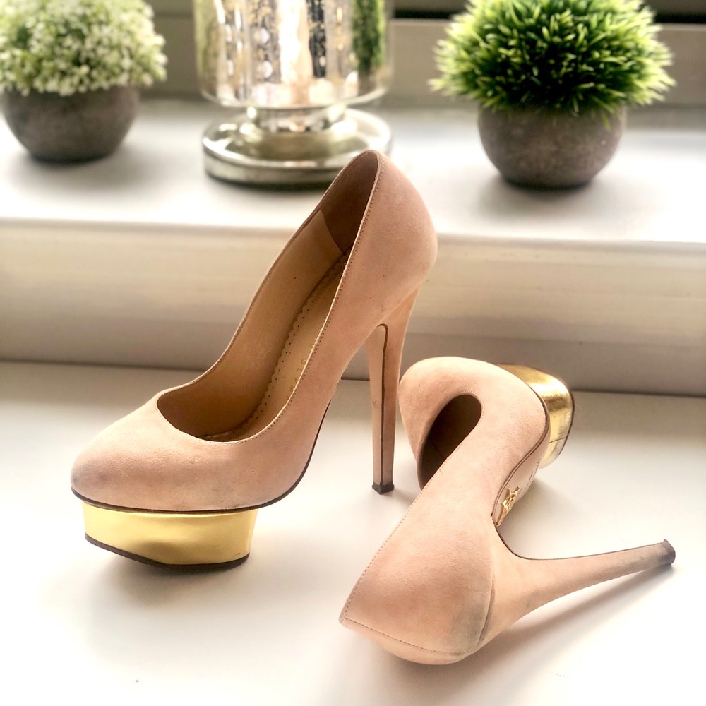 Charlotte Olympia Blush/Gold Suede Dolly Pumps